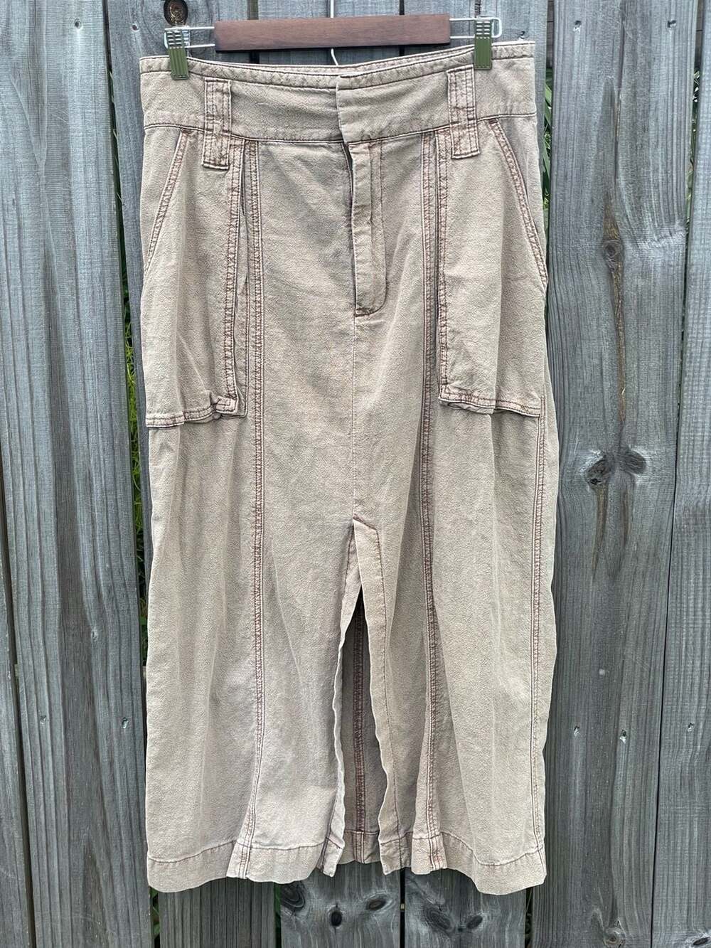 Free People Linen Cotton Blend Midi Skirt with Front Slit Sz M